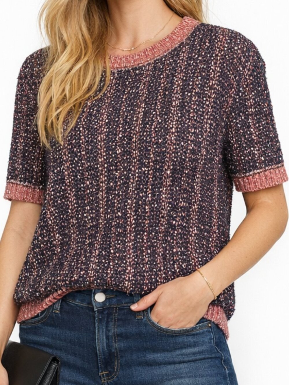 Velvet by Graham & Spencer Metallic Loose Knit Short Sleeve Sweater